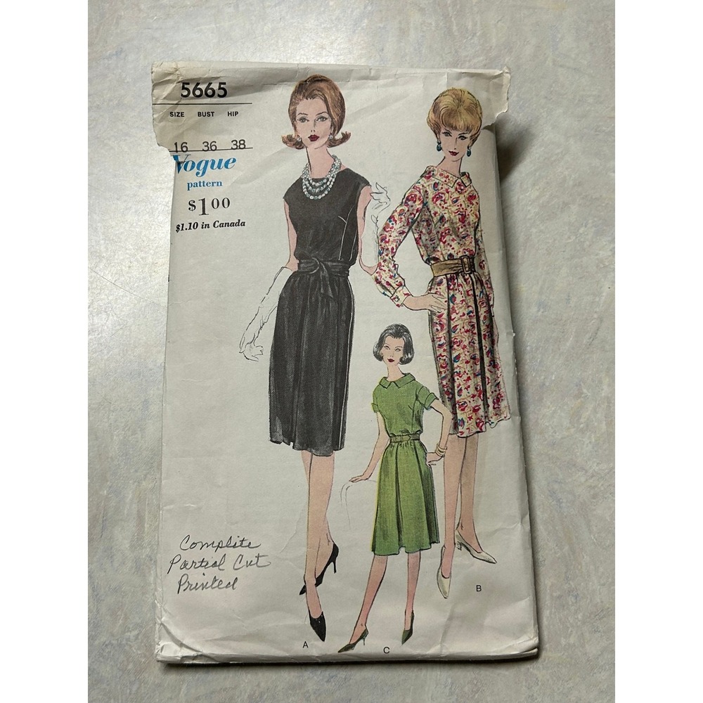 Vintage‎ 1960's Vogue Pattern #5665 One Piece Dress Size 16 Bust 36" Hip 38"